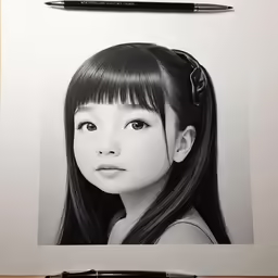 the young girl with a black bow is drawn on paper