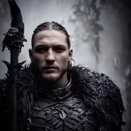 a male warrior holding a blade and wearing black