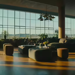 a living room with large windows and furniture