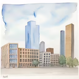 the watercolor sketch depicts a city on the horizon,an abstract city painting with blue and yellow buildings,watercolor painting of skyline of a city,an artistic painting of buildings along a river,watercolor painting of buildings, green trees and sky