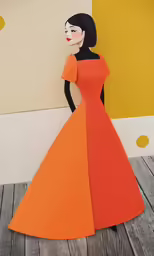 a woman in an orange dress stands against a wall