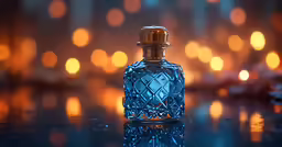 a bottle of liquid is seen in front of a festive background