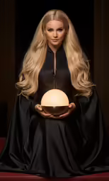 blond in black gown and cape holds an egg