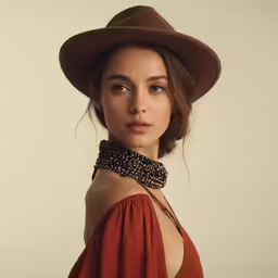a woman wearing a brown hat and a scarf