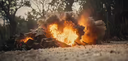 a pile of burned pieces of wood on a field