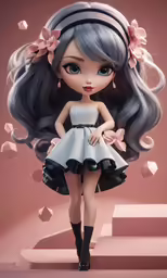 cute doll wearing a short dress with flowered ears and black hair