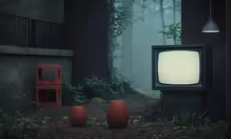 a tv set and three red vases in the woods