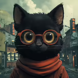 a cat with glasses and a scarf around its neck