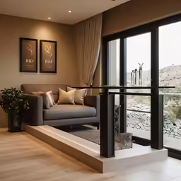 living room with floor to ceiling windows and couch