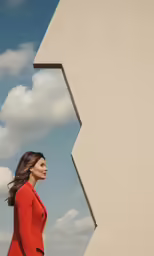 a woman in a red jacket and a gray purse walks away