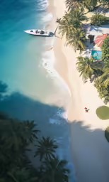aerial view of boat on beach, surrounded by palm trees