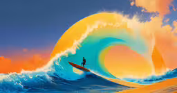 a painting with a person on a surf board,a picture of the man surfing into a huge wave