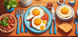 plates of food with eggs, cheese and toast arranged on the table,a breakfast set out on an orange table cloth
