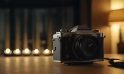 a camera sitting on top of a table with a light in the background