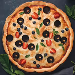 a pizza with olives, strawberries and mint leaves on it