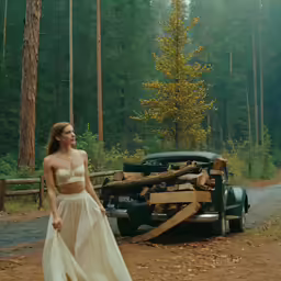 a woman in a white dress walking next to an old truck