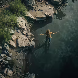 a person is standing in the water with a string