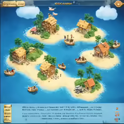 a computer game features a small island and houses on the water