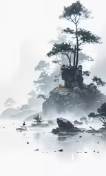 fog surrounds the shore and trees in a pond