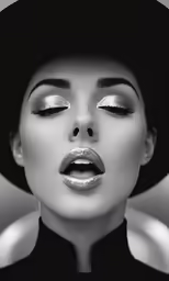 a woman in black and white is wearing a black hat