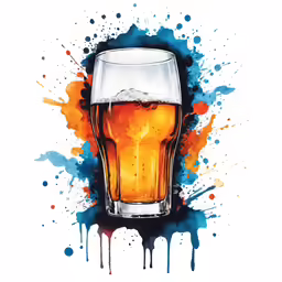 a glass of beer with orange and blue paint