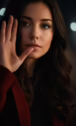 a woman with a black jacket on is holding her hand out and looking off into the distance