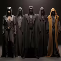 a row of costumes of darth vader and his companions