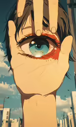 a man holding up his hand with two different eyes