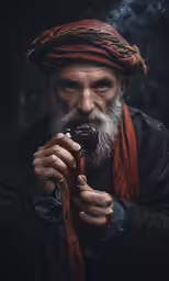 an old man with long white hair, wearing a red turban and smoking