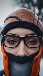 the girl is wearing a black and orange helmet