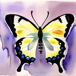 a painting of a butterfly flying sideways,a painting of a yellow butterfly on purple background,the bright butterfly is sitting on the purple surface,this is a butterfly painted in yellow and blue,a beautiful butterfly painted with watercolor