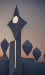 a modern building features several strange lights and sculptures