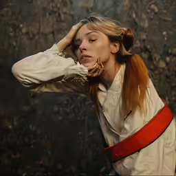 woman posing in a dress with red straps around her waist