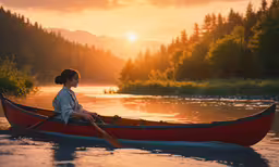 a woman is sitting in a canoe on the water,the woman is rowing her canoe on the river