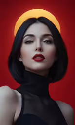 a woman with a black and red makeup wearing a black dress and choker, looks into the distance