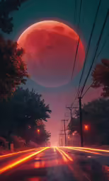 a red planet rising over the tree line on a road at night
