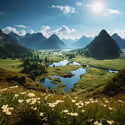 the mountain is full of green plants, and has some little lake