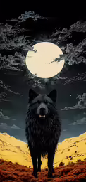 a large black wolf standing in the middle of the night