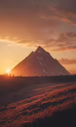 the sun rises behind a mountain ridge with grass and brush