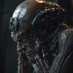 a man wearing an alien look suit standing next to a wall
