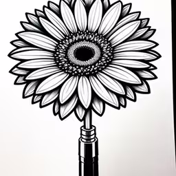 an ink drawing of a black and white sunflower with spirals,a drawing of a sunflower on a paper