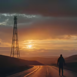 a person is walking on the road as the sun sets