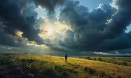 a man standing in a field under a large cloud filled sky
