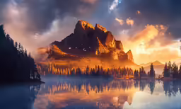 a misty sunset illuminates mountains reflected in water
