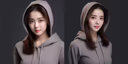 two photos of a woman with long dark hair,a woman in a gray sweater with a hoodie