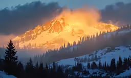 the snowy mountains are illuminated by the glow of lights