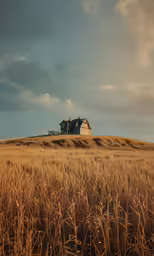 a house on a small hill surrounded by wheat