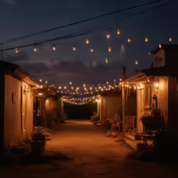 a lit - up outdoor walkway with several chairs under bright white lights