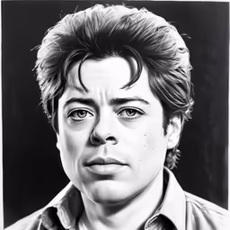 the black and white portrait of a man with wavy hair