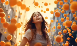 woman looking upward, surrounded by orange balls